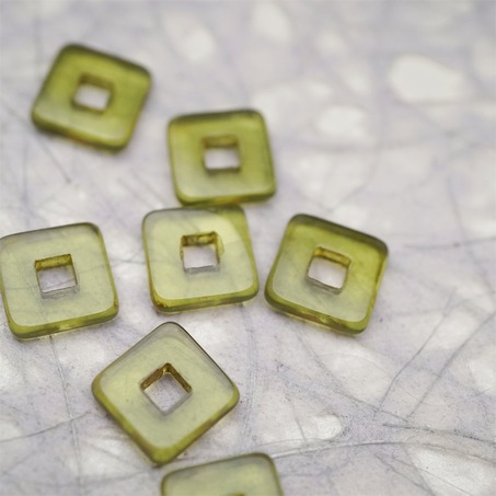 透明橄榄透绿色毕加索色边~空心方块正方形大孔平安扣型捷克珠玻璃琉璃珠 12MM-6