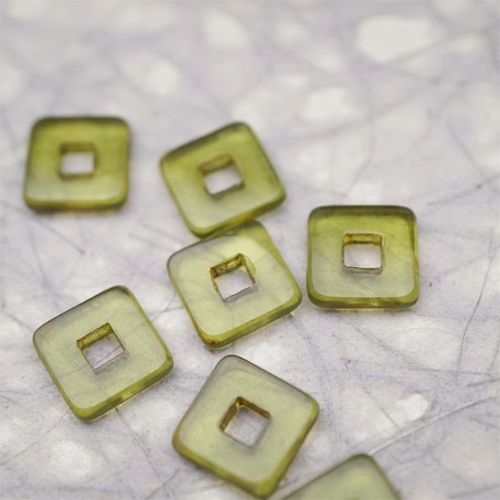 透明橄榄透绿色毕加索色边~空心方块正方形大孔平安扣型捷克珠玻璃琉璃珠 12MM-7