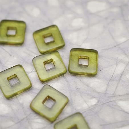 透明橄榄透绿色毕加索色边~空心方块正方形大孔平安扣型捷克珠玻璃琉璃珠 12MM-8
