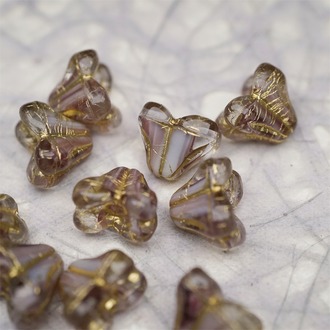 亮面紫白条纹mix描金色~铃兰扁形古董珠形四叶花托捷克珠玻璃珠琉璃珠 9X13MM