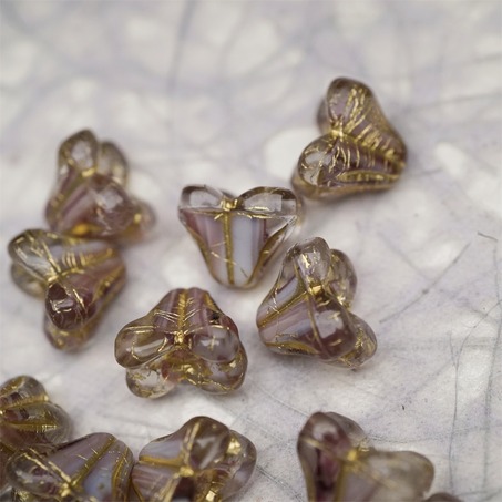 亮面紫白条纹mix描金色~铃兰扁形古董珠形四叶花托捷克珠玻璃珠琉璃珠 9X13MM-3