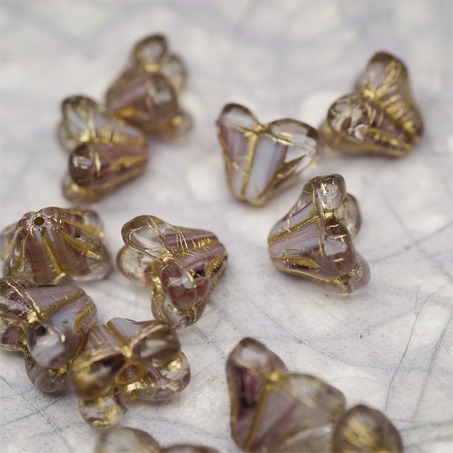 亮面紫白条纹mix描金色~铃兰扁形古董珠形四叶花托捷克珠玻璃珠琉璃珠 9X13MM-4