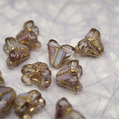 亮面紫白条纹mix描金色~铃兰扁形古董珠形四叶花托捷克珠玻璃珠琉璃珠 9X13MM-2