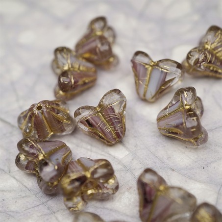 亮面紫白条纹mix描金色~铃兰扁形古董珠形四叶花托捷克珠玻璃珠琉璃珠 9X13MM-5