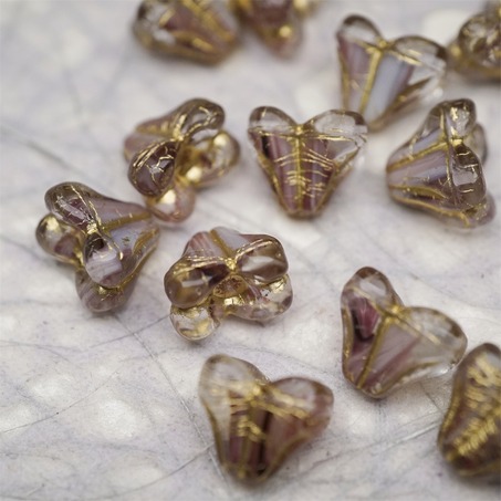 亮面紫白条纹mix描金色~铃兰扁形古董珠形四叶花托捷克珠玻璃珠琉璃珠 9X13MM-6