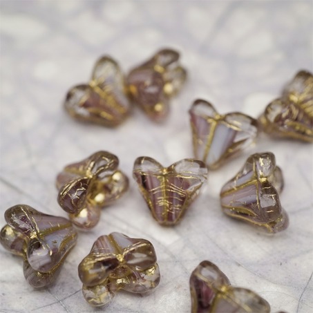 亮面紫白条纹mix描金色~铃兰扁形古董珠形四叶花托捷克珠玻璃珠琉璃珠 9X13MM-7