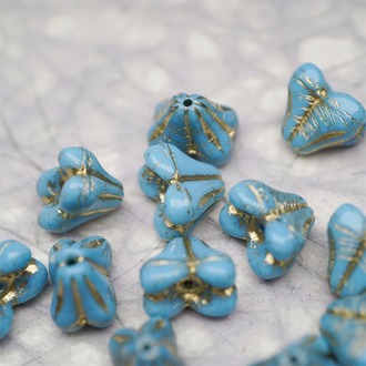 亮面复古蓝色mix描金色~铃兰扁形古董珠形四叶花托捷克珠玻璃珠琉璃珠 9X13MM