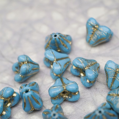 亮面复古蓝色mix描金色~铃兰扁形古董珠形四叶花托捷克珠玻璃珠琉璃珠 9X13MM-2