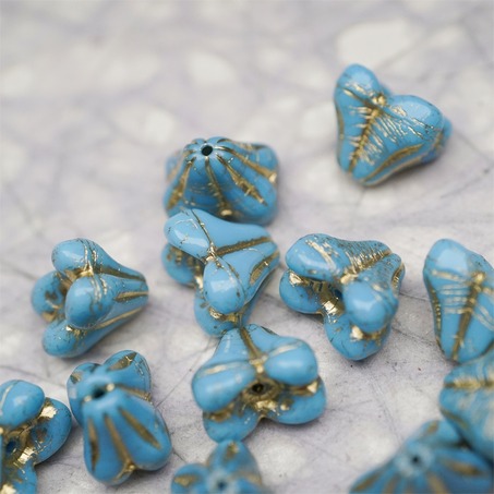 亮面复古蓝色mix描金色~铃兰扁形古董珠形四叶花托捷克珠玻璃珠琉璃珠 9X13MM-3