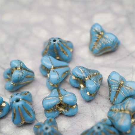 亮面复古蓝色mix描金色~铃兰扁形古董珠形四叶花托捷克珠玻璃珠琉璃珠 9X13MM-4