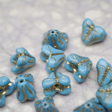 亮面复古蓝色mix描金色~铃兰扁形古董珠形四叶花托捷克珠玻璃珠琉璃珠 9X13MM-6