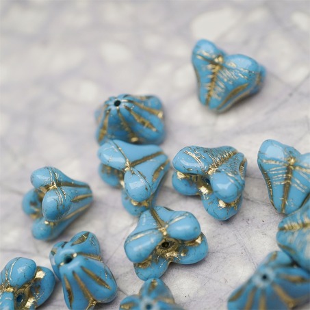 亮面复古蓝色mix描金色~铃兰扁形古董珠形四叶花托捷克珠玻璃珠琉璃珠 9X13MM-5