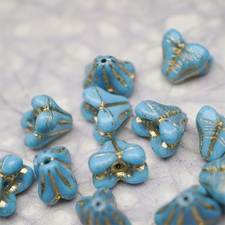 亮面复古蓝色mix描金色~铃兰扁形古董珠形四叶花托捷克珠玻璃珠琉璃珠 9X13MM-8