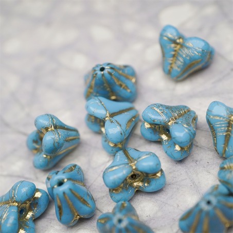 亮面复古蓝色mix描金色~铃兰扁形古董珠形四叶花托捷克珠玻璃珠琉璃珠 9X13MM-7