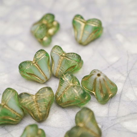 雾面复古绿白色夹心mix描金色~铃兰扁形古董珠形四叶花托捷克珠玻璃珠琉璃珠 9X13MM-2