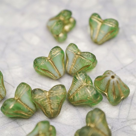 雾面复古绿白色夹心mix描金色~铃兰扁形古董珠形四叶花托捷克珠玻璃珠琉璃珠 9X13MM