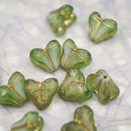 雾面复古绿白色夹心mix描金色~铃兰扁形古董珠形四叶花托捷克珠玻璃珠琉璃珠 9X13MM-3