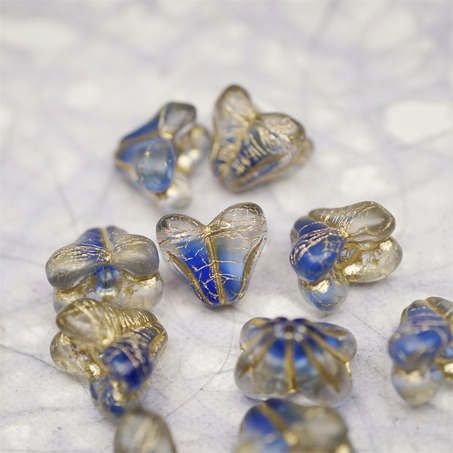 雾面透明钴蓝夹心mix描金色~铃兰扁形古董珠形四叶花托捷克珠玻璃珠琉璃珠 9X13MM