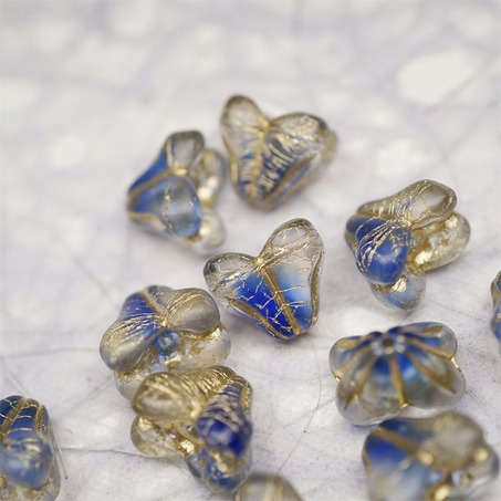 雾面透明钴蓝夹心mix描金色~铃兰扁形古董珠形四叶花托捷克珠玻璃珠琉璃珠 9X13MM-2
