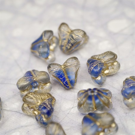 雾面透明钴蓝夹心mix描金色~铃兰扁形古董珠形四叶花托捷克珠玻璃珠琉璃珠 9X13MM-3