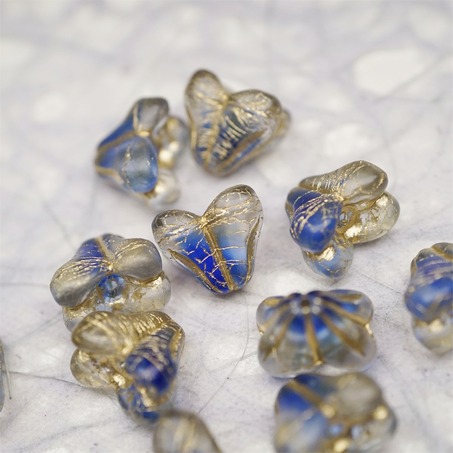 雾面透明钴蓝夹心mix描金色~铃兰扁形古董珠形四叶花托捷克珠玻璃珠琉璃珠 9X13MM-6