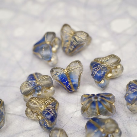 雾面透明钴蓝夹心mix描金色~铃兰扁形古董珠形四叶花托捷克珠玻璃珠琉璃珠 9X13MM-5