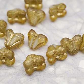 雾面蜂蜜黄白夹心mix描金色~铃兰扁形古董珠形四叶花托捷克珠玻璃珠琉璃珠 9X13MM