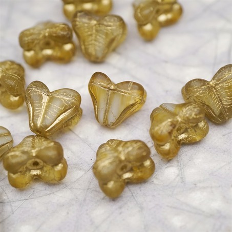 雾面蜂蜜黄白夹心mix描金色~铃兰扁形古董珠形四叶花托捷克珠玻璃珠琉璃珠 9X13MM-5