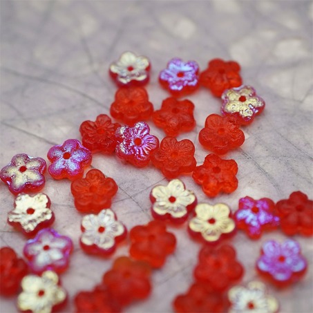 蚀刻红宝石色极光幻彩~中孔迷你小花花五瓣花捷克珠玻璃珠琉璃 8MM