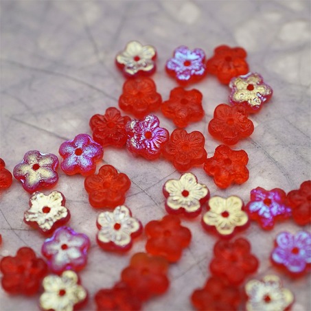 蚀刻红宝石色极光幻彩~中孔迷你小花花五瓣花捷克珠玻璃珠琉璃 8MM-2