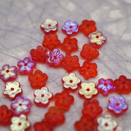蚀刻红宝石色极光幻彩~中孔迷你小花花五瓣花捷克珠玻璃珠琉璃 8MM-5