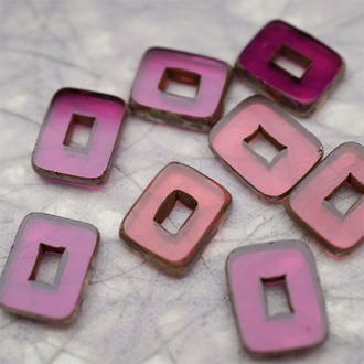 透玫瑰紫色mix做旧毕加索边边~空心方块长方形大孔平安扣型捷克珠玻璃琉璃珠 12X16MM