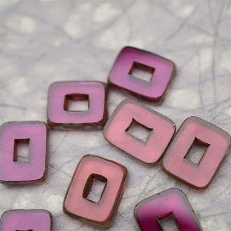 透玫瑰紫色mix做旧毕加索边边~空心方块长方形大孔平安扣型捷克珠玻璃琉璃珠 12X16MM-2