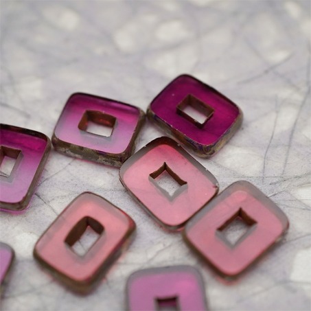 透玫瑰紫色mix做旧毕加索边边~空心方块长方形大孔平安扣型捷克珠玻璃琉璃珠 12X16MM-3