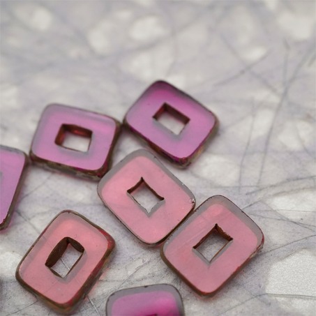 透玫瑰紫色mix做旧毕加索边边~空心方块长方形大孔平安扣型捷克珠玻璃琉璃珠 12X16MM-4