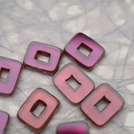 透玫瑰紫色mix做旧毕加索边边~空心方块长方形大孔平安扣型捷克珠玻璃琉璃珠 12X16MM-5