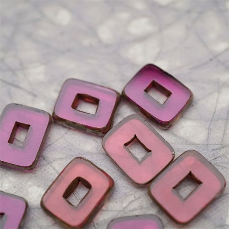透玫瑰紫色mix做旧毕加索边边~空心方块长方形大孔平安扣型捷克珠玻璃琉璃珠 12X16MM-6