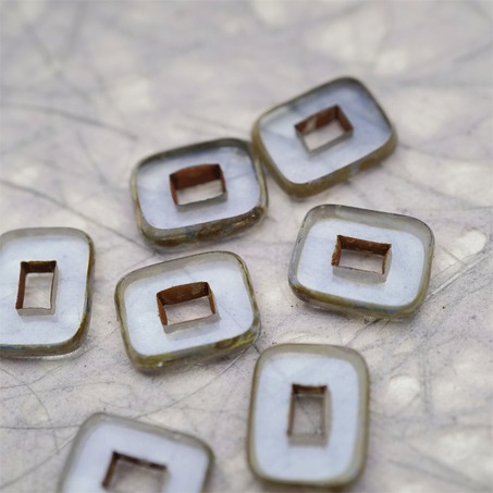 透雾霾蓝色做旧毕加索边边~空心方块长方形大孔平安扣型捷克珠玻璃琉璃珠 12X16MM-6