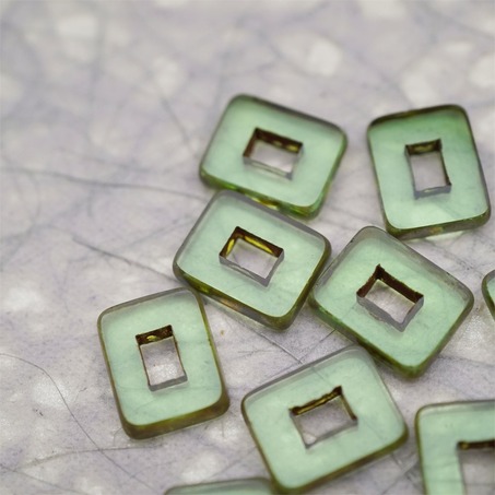 透水绿色做旧毕加索边边~空心方块长方形大孔平安扣型捷克珠玻璃琉璃珠 12X16MM-2