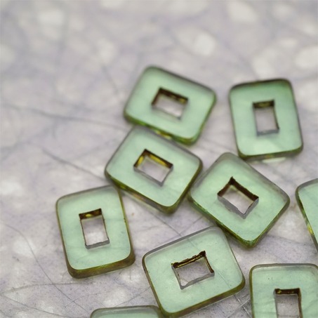 透水绿色做旧毕加索边边~空心方块长方形大孔平安扣型捷克珠玻璃琉璃珠 12X16MM-3
