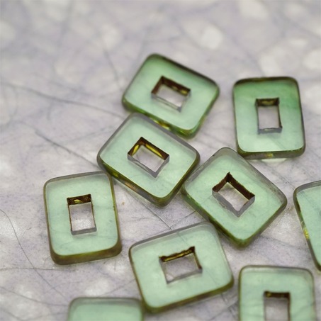 透水绿色做旧毕加索边边~空心方块长方形大孔平安扣型捷克珠玻璃琉璃珠 12X16MM-5