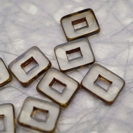 透明灰色做旧毕加索边边~空心方块长方形大孔平安扣型捷克珠玻璃琉璃珠 12X16MM