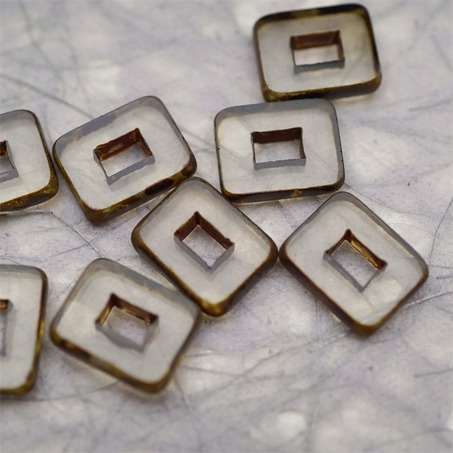 透明灰色做旧毕加索边边~空心方块长方形大孔平安扣型捷克珠玻璃琉璃珠 12X16MM-4