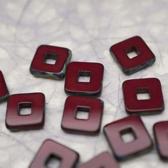 深酒红做旧毕加索色边缘~空心方块正方形大孔平安扣型捷克珠玻璃琉璃珠 12MM