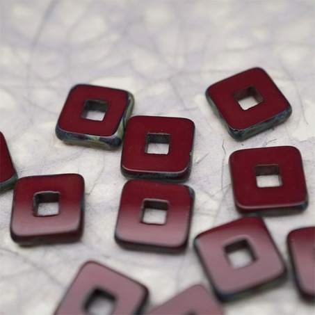 深酒红做旧毕加索色边缘~空心方块正方形大孔平安扣型捷克珠玻璃琉璃珠 12MM