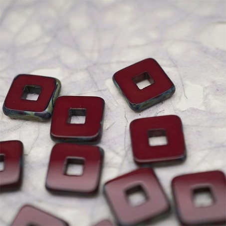 深酒红做旧毕加索色边缘~空心方块正方形大孔平安扣型捷克珠玻璃琉璃珠 12MM-2