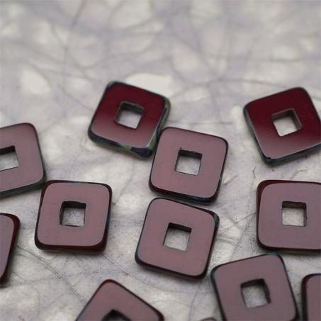 深酒红做旧毕加索色边缘~空心方块正方形大孔平安扣型捷克珠玻璃琉璃珠 12MM-5