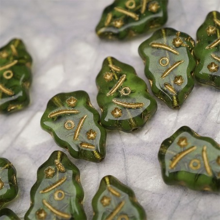 透明橄榄绿描金色~圣诞树捷克珠玻璃琉璃珠17X12MM
