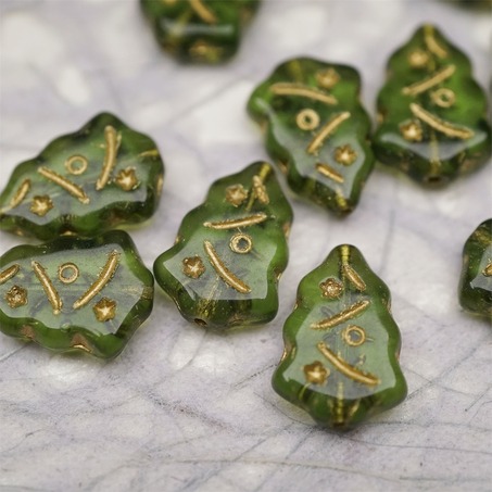 透明橄榄绿描金色~圣诞树捷克珠玻璃琉璃珠17X12MM-6
