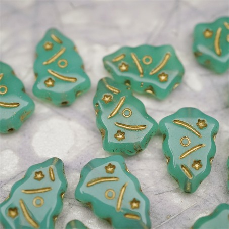 复古蛋白绿描金色~圣诞树捷克珠玻璃琉璃珠17X12MM-2